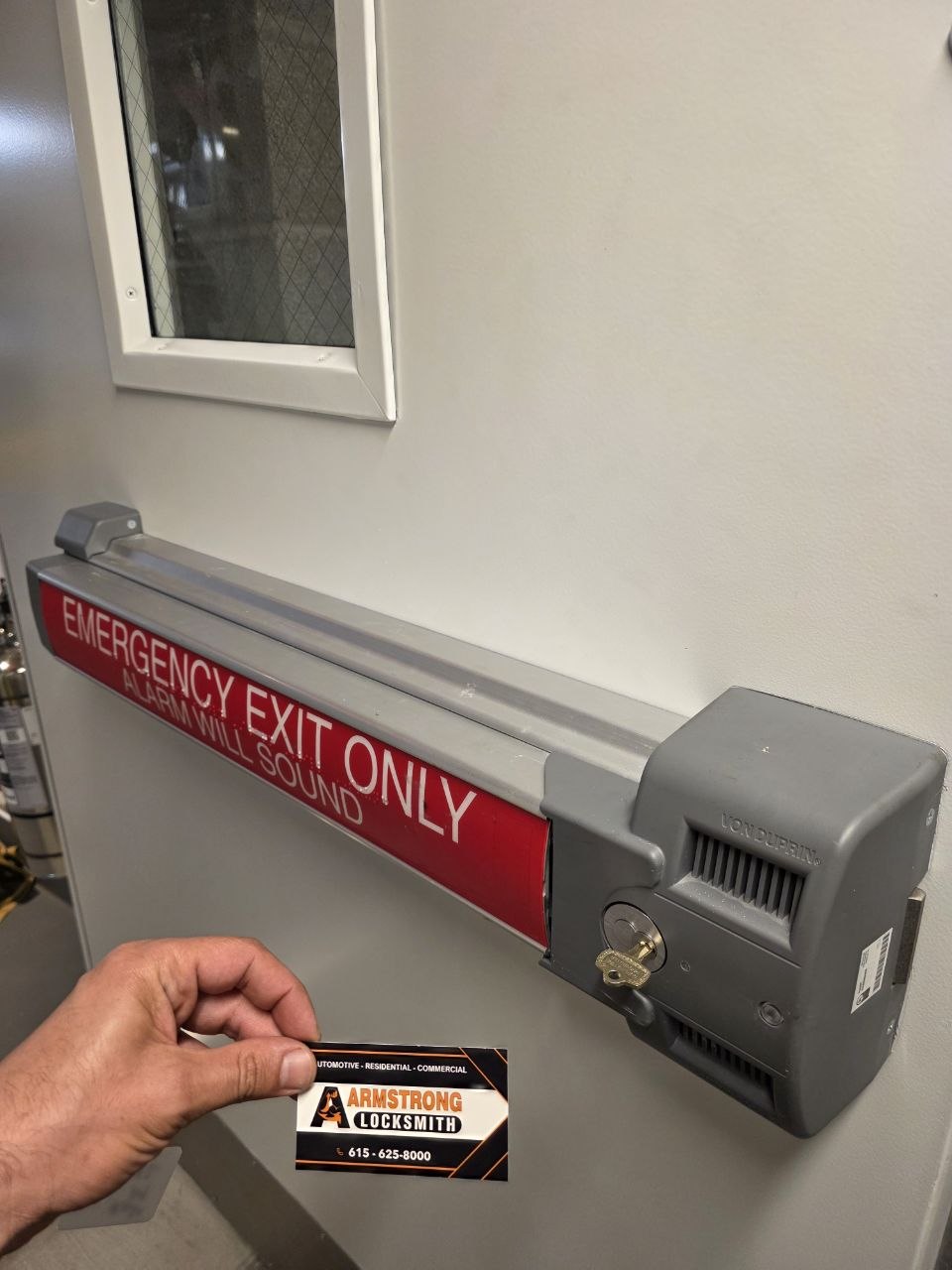 Commercial exit device and door hardware serviced by Armstrong Locksmith